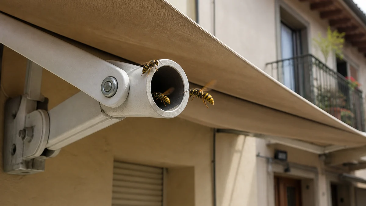 Avispas entrando por el extremo hueco del brazo de un toldo en una terraza