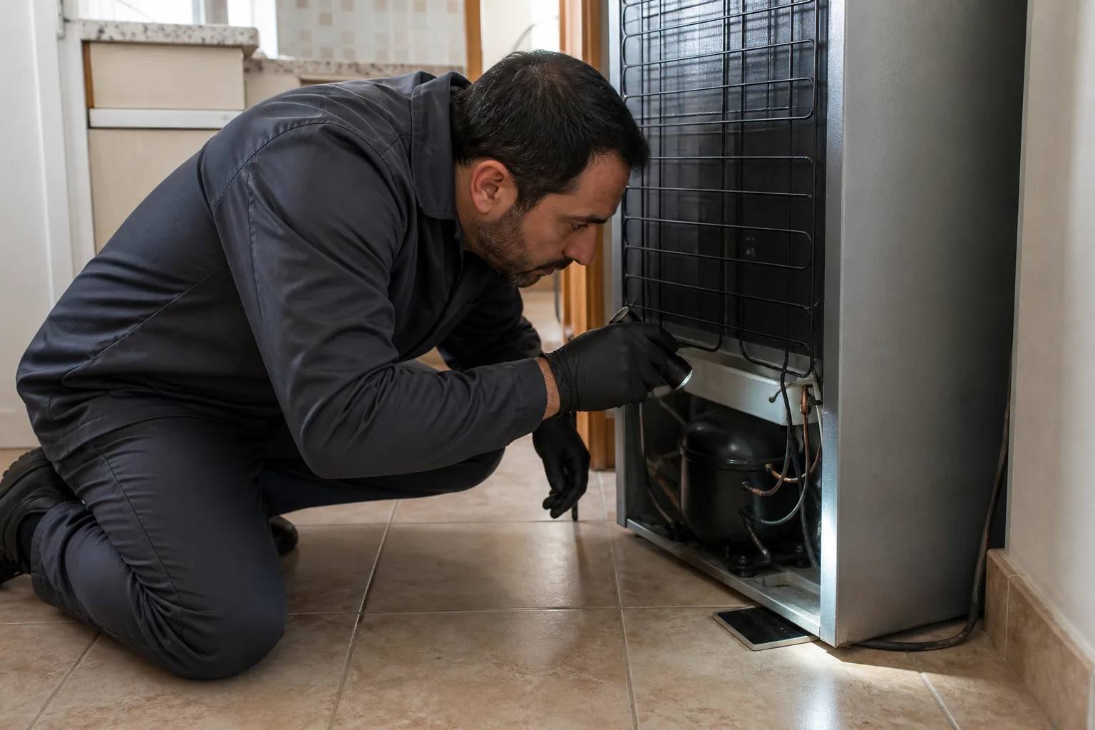 Técnico inspeccionando la parte trasera de una nevera por cucarachas en Barberà del Vallès